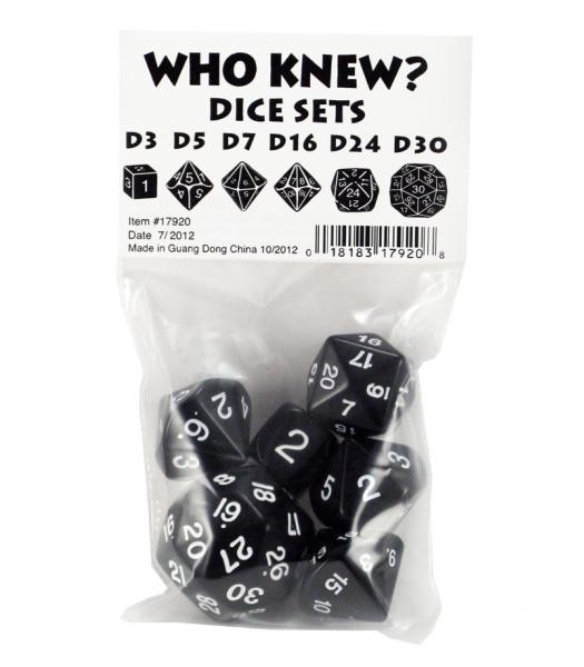 Who Knew? Black w/White Dice Set [d3, d5, d7, d16, d24, d30]