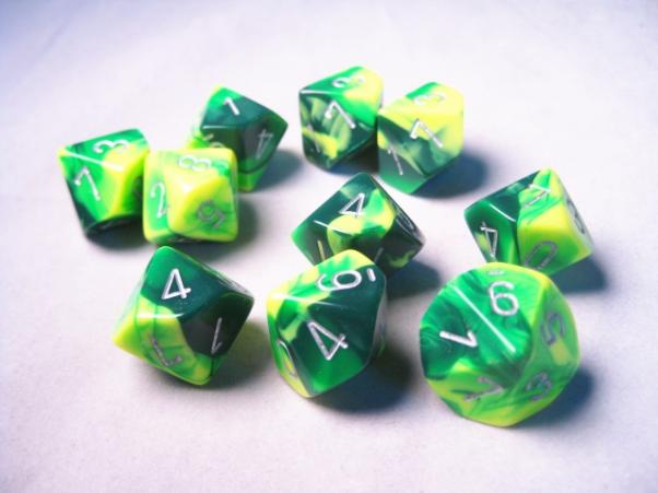 Chessex Dice Sets: Gemini #6 d10 Green-Yellow/Silver (10)