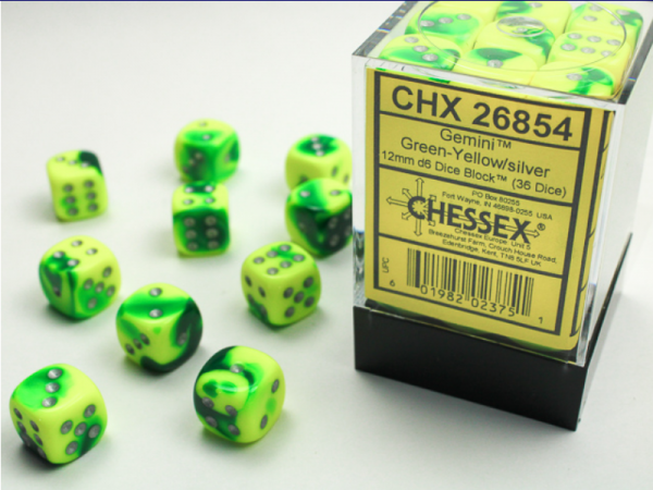 Chessex Dice Sets: Gemini # 6 12mm d6 Green-Yellow/Silver (36)