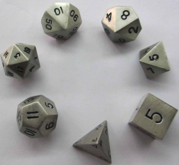 Metallic Dice: Antique Silver Color Solid Metal Polyhedral 7-Die Set